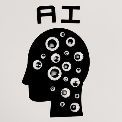 Silhouette of a head in profile; the head is covered in googly eyes, and the letters AI are shown above it