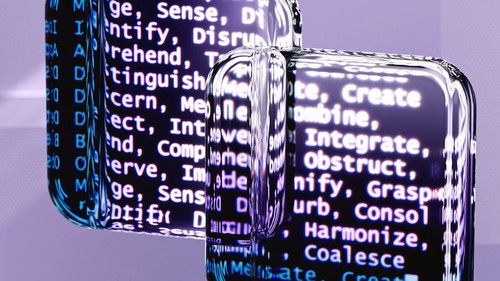 Image of two transparent overlapping tablets, each filled with lists of words in a typeface typically used for software coding