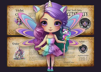 Image of a tooth fairy with a package of documents in the background